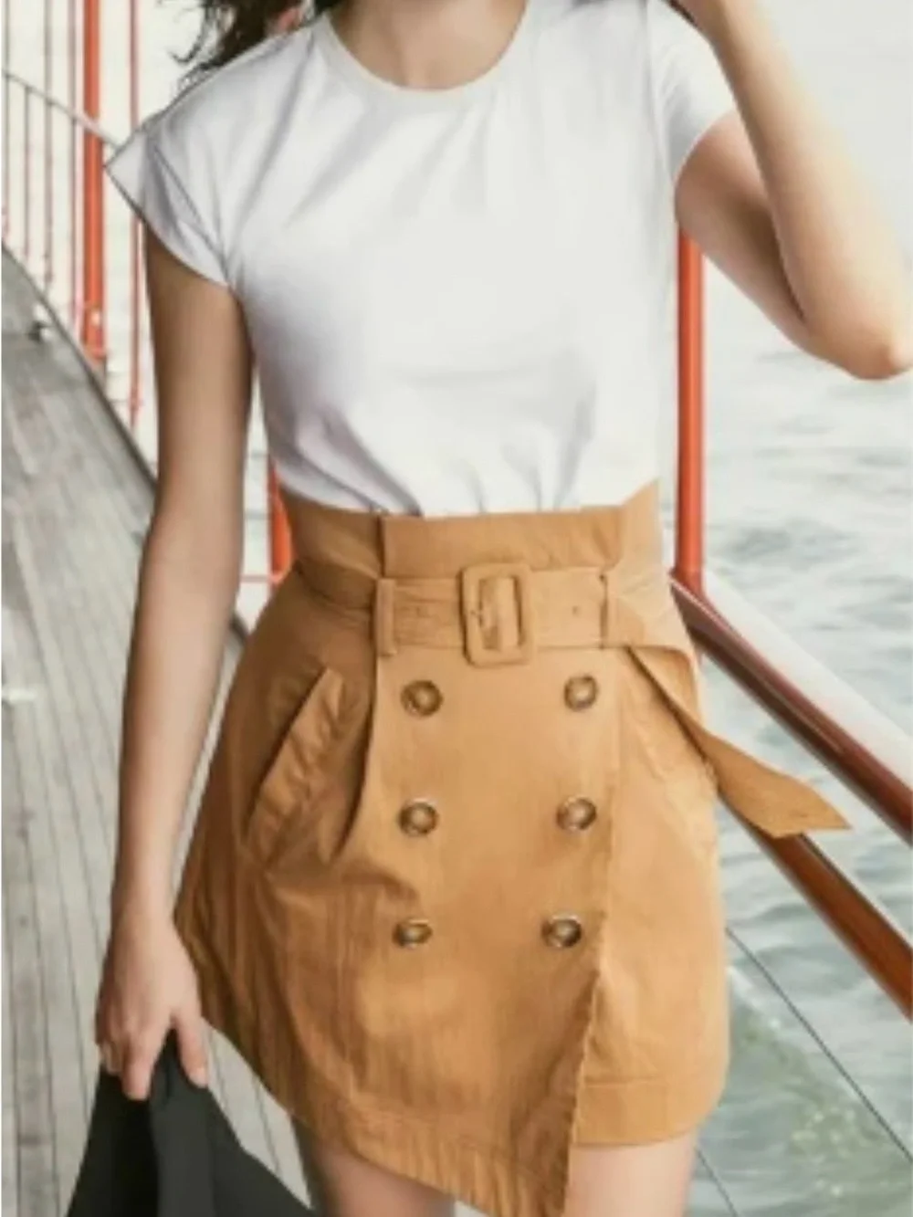 Veronica Beard Melany Mixed Media White and Tan High-Waist Belted Mini Dress - Picture 3 of 13
